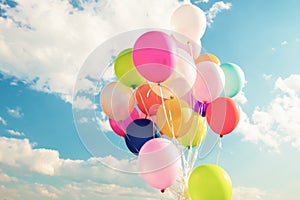 Colorful festive balloons over blue sky