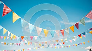 Colorful festive bunting swaying in the summer breeze against a clear blue sky backdrop photo