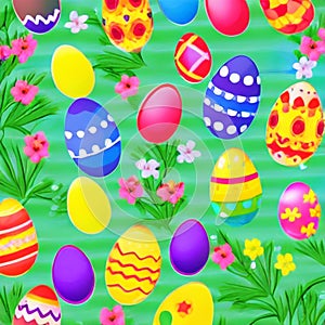 Colorful festive Easter eggs and flowers watercolour background