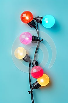 Colorful Festive Light Bulbs on Blue Background for Party Decorations and Holiday Celebrations Concept
