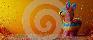 Colorful festive llama piÃÂ±ata surrounded by vibrant confetti in celebration photo