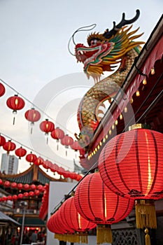 Chinese red lanterns. Display Chinese god of wealth. Chinese dragon photo