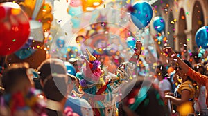Colorful festive street parade celebration with performers, floats, and confetti photo
