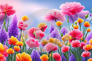 A colorful field flowers with blue sky in background