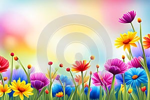 A colorful field flowers with bright blue sky in the background