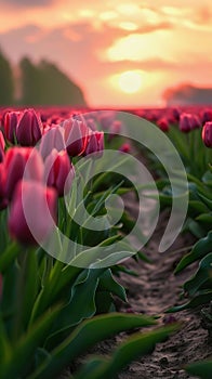 Colorful field of tulips in bloom, sunrise, Holland landscape