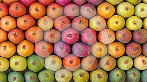 Colorful figs arranged in a grid pattern