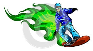 The colorful figure of a young man snowboarding with drops and sprays on a white background.