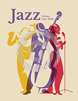 Colorful figures silhouettes. A group of three jazz musicians. Singer, saxophone, double bass. Concert, music club, entertainment