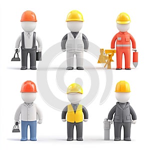Six Construction Workers: 3D Characters in Hard Hats and Work Uniforms