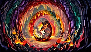 Colorful Fire Egg in Abstract Cave Environment