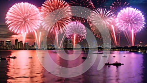 Colorful firework show with cityscape at Pattaya beach, Thailand, Colorful fireworks of various colors over the Chao Phraya River