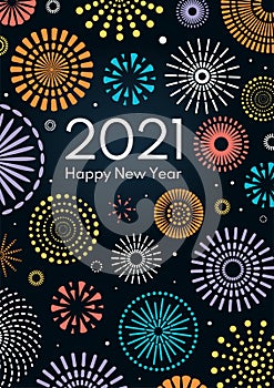 Colorful fireworks 2021 Happy New Year vector illustration