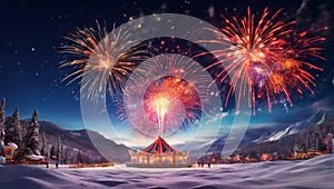Colorful fireworks against a snowy backdrop during a winter carniva