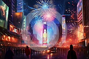 Colorful fireworks on the background of the New York night sky. Festive celebration. Generative AI