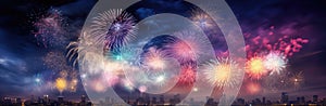 Colorful fireworks and celebration cityscape at night. Panoramic banner