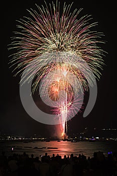Colorful fireworks celebration with people and the city night light background