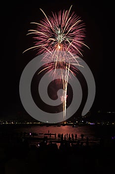 Colorful fireworks celebration with people and the city night light background.