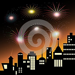 Vector of colorful fireworks celebration display in sky over the city at night scene