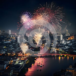 Colorful fireworks display over the urban agglomeration at night. New Year\'s fun and festiv