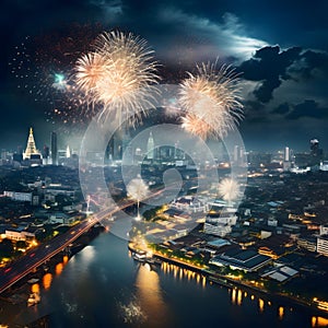 Colorful fireworks display over the urban agglomeration at night. New Year\'s fun and festiv