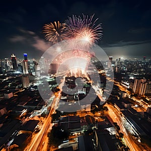 Colorful fireworks display over the urban agglomeration at night. New Year\'s fun and festiv