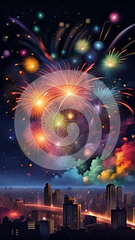 Colorful fireworks exploding in the night sky over a city AI Generated