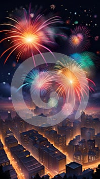 Colorful fireworks exploding in the night sky over a city AI Generated