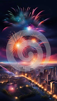 Colorful fireworks exploding in the night sky over a city AI Generated