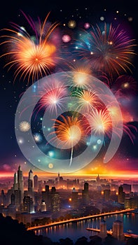Colorful fireworks exploding in the night sky over a city AI Generated