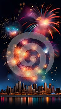 Colorful fireworks exploding in the night sky over a city AI Generated