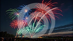 Colorful fireworks exploding in night sky over crowd of spectators