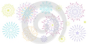 Colorful fireworks explosion, isolated vector clip art, new year background, cute sparks festive banner