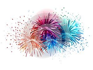 Colorful fireworks, explosion on white isolated background. New Year\'s fun and festiv photo