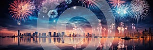 Colorful fireworks over the cityscape and water reflection, panorama