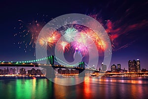 Colorful Fireworks Over a Concept of New York City - Generative AI