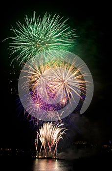 Colorful fireworks on river dam