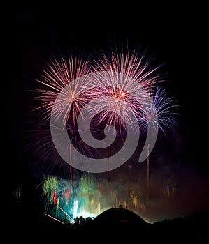 Colorful fireworks in Vilnius ferija, fireworks festival. Vilnius, Lithuania