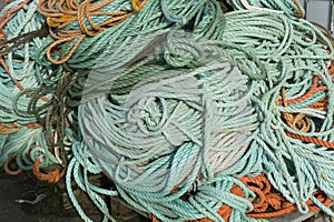 Colorful fish nets, ropes and other fishing equipment in Norway