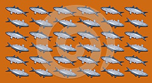 Colorful fish pattern with many silver and blue fish symmetrically arranged on an orange background