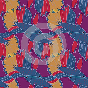 Colorful fish repeat pattern on purple background