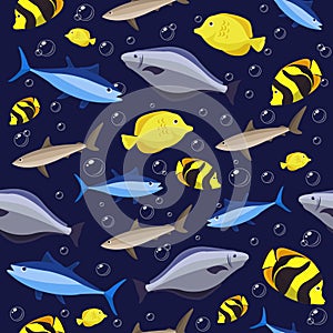 Colorful fish seamless pattern. Ocean fish and crabs. Vector illustration