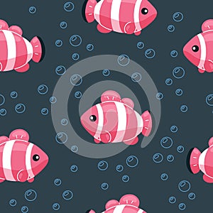 Colorful fish seamless pattern. Underwater life background in cartoon style. Hand drawn tropical fish on backdrop with bubbles.