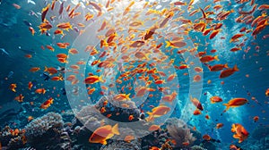 Colorful fish swarm in underwater vortex vibrant marine life in vivid coral reef scenery