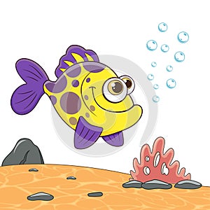 Colorful fish swimming and blowing bubbles. Cartoon sea fish isolated on sea landscape. Marine underwater world with plants