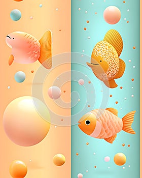Colorful fish swimming in bubbles against vibrant background