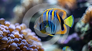 A colorful fish swimming in a tank with coral and other sea life, AI