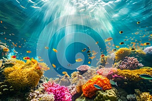 Colorful fish swimming in underwater coral reef landscape. Deep blue ocean with colorful fish and marine life