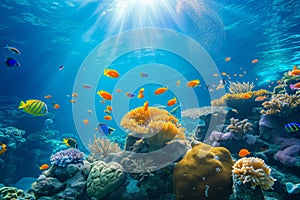 Colorful fish swimming in underwater coral reef landscape. Deep blue ocean with colorful fish and marine life