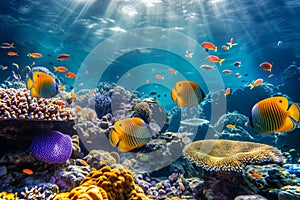 Colorful fish swimming in underwater coral reef landscape. Deep blue ocean with colorful fish and marine life